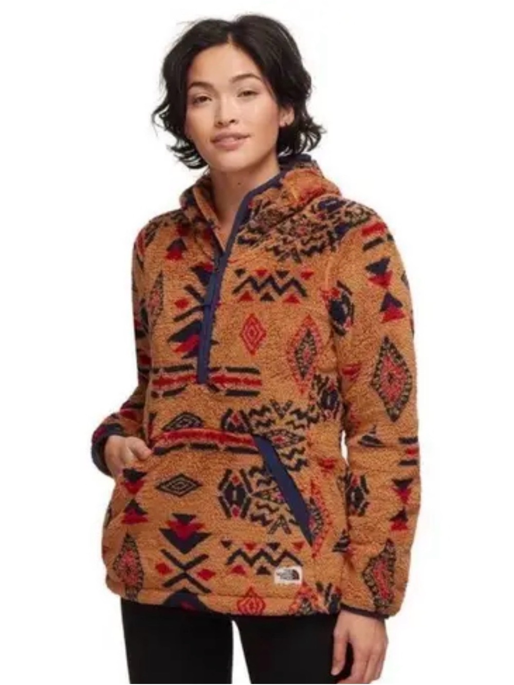 The North Face Women's Hooded Teddy Pullover - Camel with Red & Navy Aztec